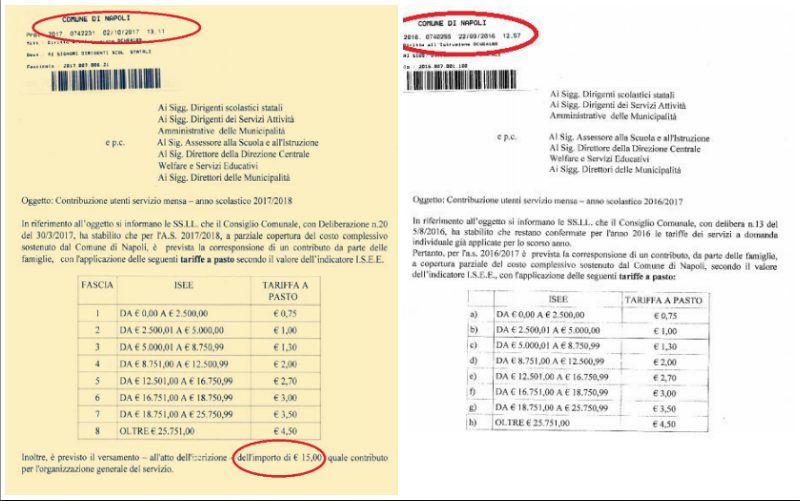 Le circolari del 2017 e del 2016 del Comune di Napoli in riferimento alla mensa scolastica a confronto (Foto: Facebook/Raffaele Ambrosino)