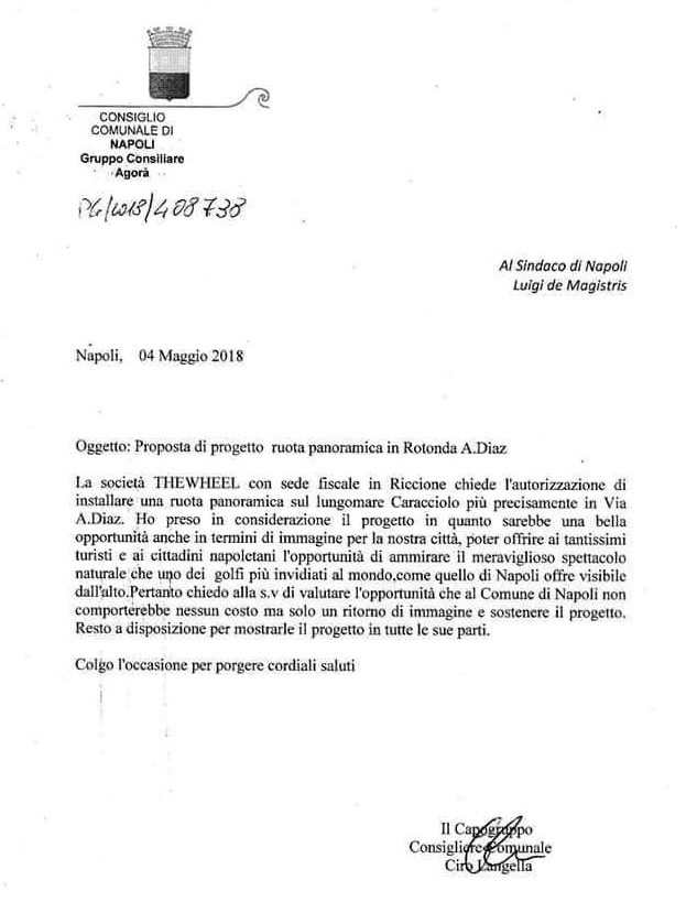 La lettera del consigliere comunale Langella che accompagna la proposta di ruota panoramica a Napoli
