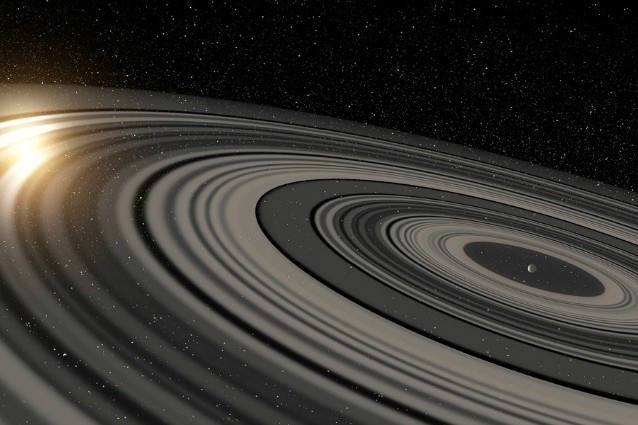 Rappresentazione artistica del gigantesco Pianeta con gli anelli (Credit: Ron Miller)