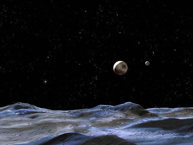 Plutone vista dalla superficie di una delle sue Lune. Accanto, sulla destra, il satellite Caronte. Image Credit: NASA, ESA and G. Bacon (STScI)