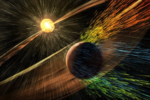 Rappresentazione artistica di una tempesta solare che colpisce Marte (Credits: NASA/GSFC)