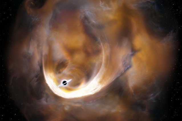 Rappresentazione artistica delle nubi diffuse da un buco nero intermedio (credit Keio University)