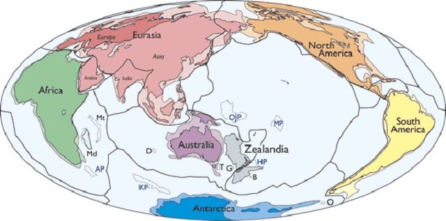 Una mappa che mette in confronto l'estensione della Zealandia con gli altri continenti: immagine di