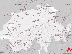 Mappa degli epicentri registrati in Svizzera dal 1975 al 2015 (Fonte: Servizio Sismico Svizzero). 