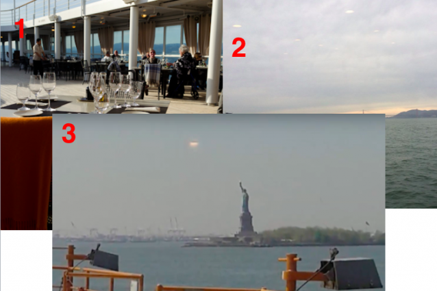 Nelle immagini "1" e "2" il confronto tra l'avvistamento ufologico di San Francisco e gli interni della nave turistica in cui venne scattato (Credit: MetaBunk).