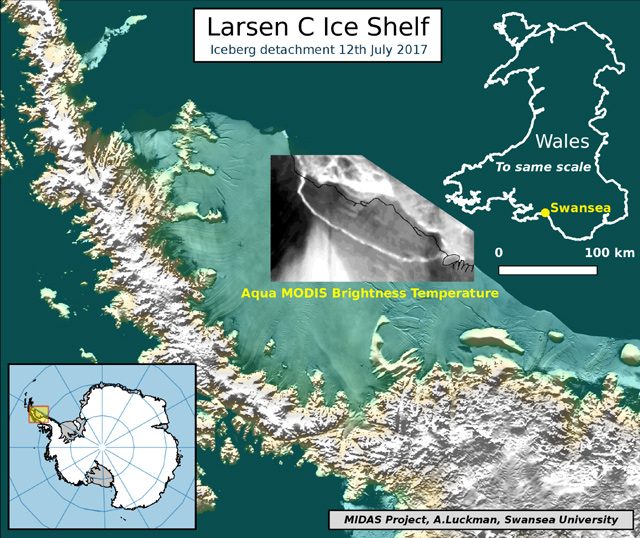 Il distacco dell'iceberg mostrato dall'immagine termica del satellite MODIS