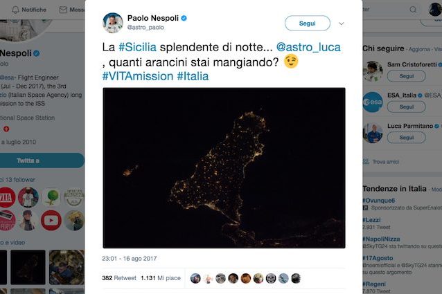 Un gelato in arrivo per Nespoli da SpaceX, ma l'astronauta italiano sogna gli arancini