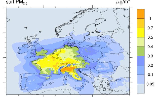 Le concentrazioni di particolato fine a causa delle emissioni diesel: credit Jonson et al 2017