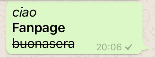 Le tre formattazioni di testo disponibili su Whatsapp.