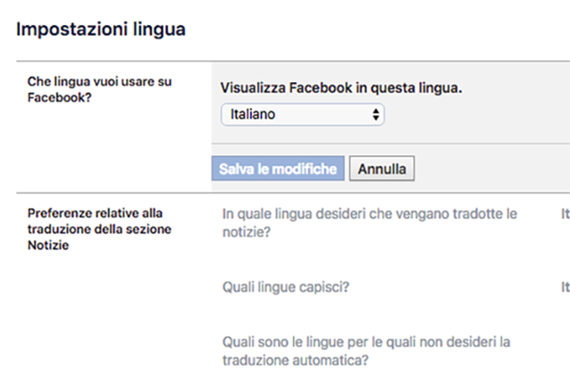 Come cambiare lingua su Facebook: la scelta dell'idioma