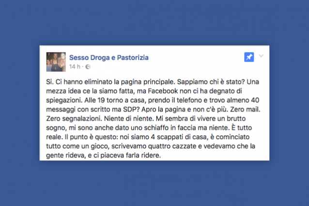 Facebook ha chiuso la pagina "Sesso, Droga e Pastorizia"