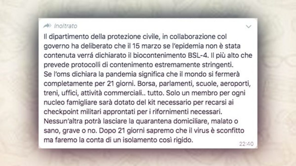 WhatsApp biocontenimento coronavirus pandemia bufala fake news