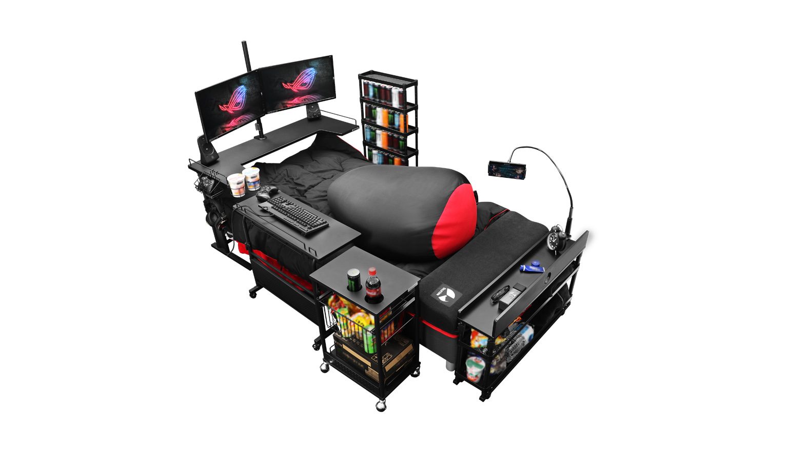 Con questo letto da gamer con bibite e snack puoi giocare senza alzarti