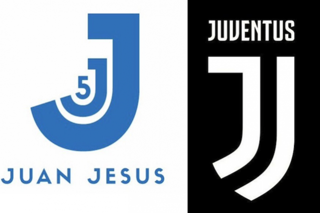 La somiglianza tra il marchio del difensore della Roma Juan Jesus e quello nuovo di zecca della Juventus