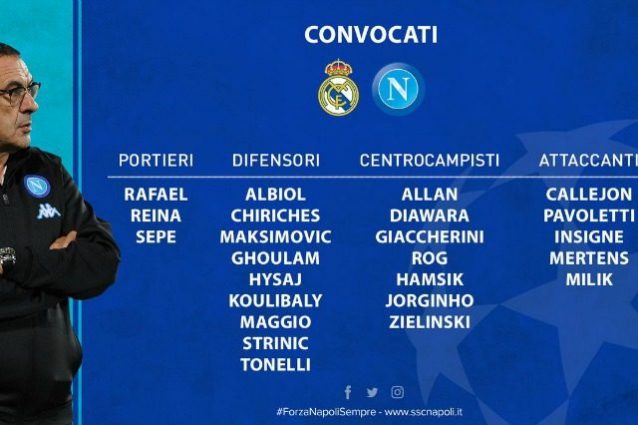 Napoli, c'è anche Tonelli nella lista dei convocati per il Real Madrid