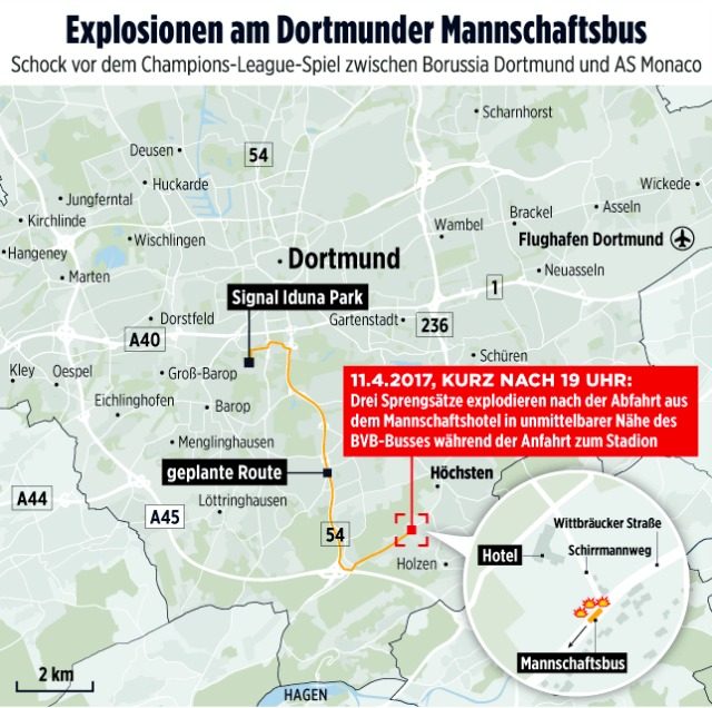La mappa dei media tedeschi che ha ricostruito l'attentato contro il Borussia Dortmund