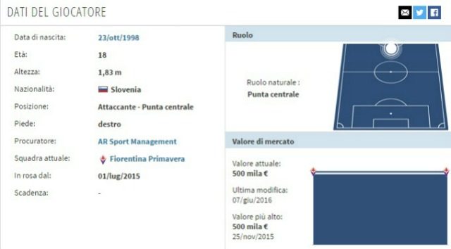 La scheda tecnica del giovane Mlakar (transfermarkt.it)