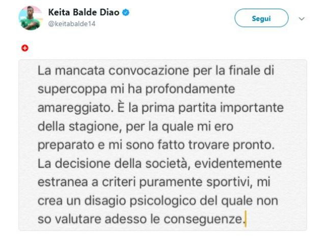 Il tweet pubblicato da Keita