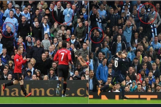 Rooney segna al City con la maglia dell'Everton, 5 anni dopo il gol con lo United e sugli spalti ci sono gli stessi tifosi (foto The Sun)