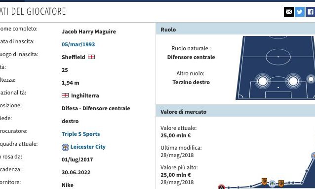 La scheda di Harry Maguire. (transfermarkt.it)