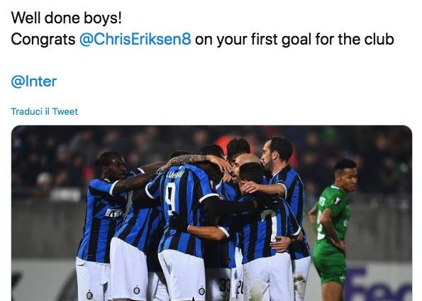 Inter, il messaggio di Lukaku a Eriksen: “Congratulazioni per il tuo primo gol interista”